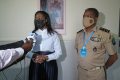 Erlyne Antonela Ndembet épse Damas, s’exprimant à l’issue de la rencontre tenue à huis clos. © D.R.