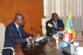 Le ministre Jean-Baptiste Ondaye, président du comité de pilotage du Pref-Cemac, et le Pr Michel-Cyr Djiena Wembou, le 23 février 2023, à Brazzaville. © D.R.