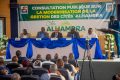Les responsables de Société nationale immobilière et de la Mairie d’Akanda ouvrant la consultation publique sur la modernisation de la gestion des cités Alhambra. © SNI
