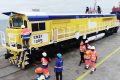 Réception des 6 nouvelles locomotives au port d’Owendo. © Capture d’écran/ Gabonreview