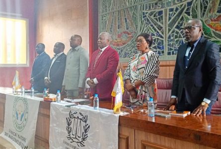 Les membres du Synamag au cours de leur assemblée générale, le 29 septembre 2023, à Libreville. © D.R.