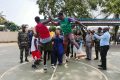 Camelia Ntoutoume-Leclercq donnant le coup d’envoi du championnat interclasse de basket à Port-Gentil. © GabonReview