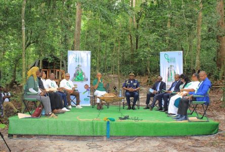 Pascal Ogowé Siffon, le général Serge Hervé Ngoma et les autres participants à la conférence de presse de lancement, le 13 juin 2025, à l’Arboretum Raponda Walker. © GabonReview