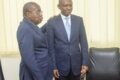 Le Secrétaire général de la Chancellerie, Jacques Lebama, installant le nouveau DG, Armand Yébé, dans ses fonctions. © D.R.