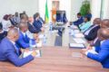 Le ministre de l'Industrie et de la Transformation locale, Me Lubin Ntoutoume, ses collaborateurs et la délégation espagnole, le 19 février 2026, à Libreville. © D.R.