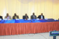 Le président du PGP, Benoît Mouity Nzamba (4è à partir de la gauche), s’exprimant pour tous les membres de la CNR et alliés dont l’ancien Premier Alain-Claude Bilie-By-Nze. © GabonReview