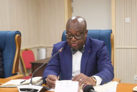 Adrien Nguema Mba défendant le texte, le 29 avril 2026. © D.R.