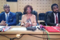 La présidente du comité d’organisation, Yvette Ngwevilo Rekangalt, au milieu présentant les grandes lignes de la conférence, le 15 avril 2026 à Libreville. © GabonReview