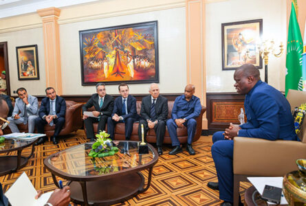 Face à face au Palais Rénovation : le président Oligui Nguema reçoit la direction du groupe CIMAF pour sceller un investissement de 26 milliards de francs CFA et 1900 emplois directs. © Com présidentielle Gabon