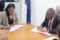 Le ministre de la Mer, de la Pêche, Aimé Martial Massamba, et la responsable de la BCEG, Daisy-Helen Eyang Ntoutoume, lors de la signature de la convention. © D.R.