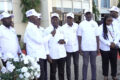 Les membres du SYNAFPLG lors de leur déclaration, le 1er mai 2026 à Owendo. ©