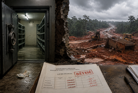 Caisses allégées, chantiers à l'arrêt : le PLFR 2026 traduit en images l'équation impossible des finances publiques gabonaises. © GbonReview /Illustration IA