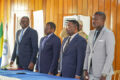 Alberto Wenceslas Mounguengui Moudoki, Directeur Général de l'ANINF (à l'extrême gauche), entouré des autorités départementales et communales lors de l'inauguration du bureau de Franceville. © Aninf