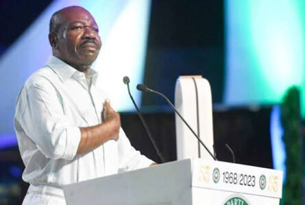 Ali Bongo Ondimba, le 2 avril 2023, lors des cérémonies marquant le 55e anniversaire du PDG, première fois qu'il évoquait publiquement l'AVC subi en 2018. © D.R.