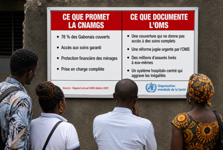 D'un côté, les promesses d'une institution. De l'autre, le verdict sans appel de l'OMS. Entre les deux, des millions de Gabonais assurés sur le papier, abandonnés dans la réalité. © GabonReview