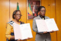 La PCA de la CNSS, Alphonsine Mbie N'na épse Olame Nze et le Dr Armande Longo épse Moulingui concluant leur accord, le 1er juillet 2026. © D.R.