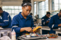 Seule femme de l'atelier : moins d'une jeune Gabonaise sur quatre passe par les filières techniques, là où les entreprises recrutent, selon le RNDH 2026. © Illustration générée par IA / GabonReview
