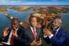 Le vice-président du gouvernement Hermann Immongault, le ministre des Mines et des Ressources géologiques Sosthène Nguema Nguema et le ministre de l'Industrie et de la Transformation locale Lubin Ntoutoume. Trois portefeuilles, une destination : Perth, au siège de Fortescue. © Montage GabonReview
