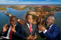 Le vice-président du gouvernement Hermann Immongault, le ministre des Mines et des Ressources géologiques Sosthène Nguema Nguema et le ministre de l'Industrie et de la Transformation locale Lubin Ntoutoume. Trois portefeuilles, une destination : Perth, au siège de Fortescue. © Montage GabonReview