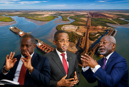 Le vice-président du gouvernement Hermann Immongault, le ministre des Mines et des Ressources géologiques Sosthène Nguema Nguema et le ministre de l'Industrie et de la Transformation locale Lubin Ntoutoume. Trois portefeuilles, une destination : Perth, au siège de Fortescue. © Montage GabonReview