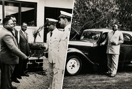 Luc Marc Ivanga en 1955 (à droite), cinq ans avant l'Indépendance, et (à gauche) recevant des administrateurs coloniaux. De l'administration coloniale à la fabrique institutionnelle de la République : le parcours d'un acteur que la mémoire nationale a longtemps laissé dans l'ombre. © Gregorytankesblog / Archives familiales