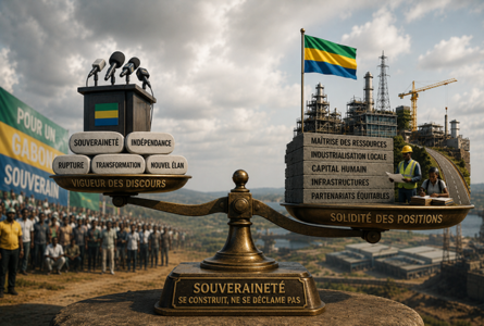 Discours d’un côté, capacités réelles de l’autre. Comme le dit Michel Ongoudou Loundah, «Les Gabonais découvrent ainsi que la souveraineté ne se mesure pas à la vigueur des discours, mais à la solidité des positions». © GabonReview (Illustration générée par IA)