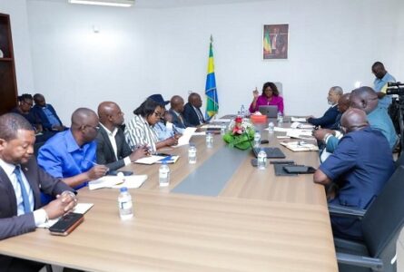 La ministre de la Fonction publique et du Renforcement des Capacités, Laurence Ndong, et les représentants de Dynamique Unitaire lors de la séance de travail. © D.R.