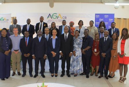 Le représentant du ministre de l’Economie, les acteurs du crédit-bail et les membres du bureau élu de l’AGA CB posant à l’issue des travaux. © GabonReview