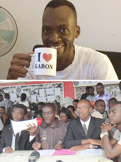 Boris Mba Okey… et encore lui (lunettes) en compagnie de Nicolas Ondo et Firmin Ollo, lançant une grève à l’UOB, en 2012. © D.R.